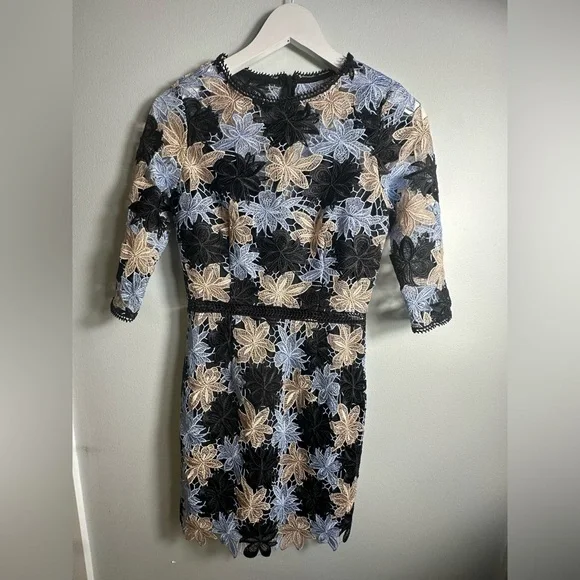 ANTHROPOLOGIE MINUET Women’s Blue and Black Floral Lace Mini Dress - Picture 7 of 15